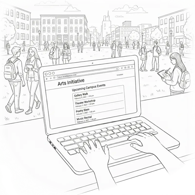 Outdoor campus area with college students and a laptop in the foreground