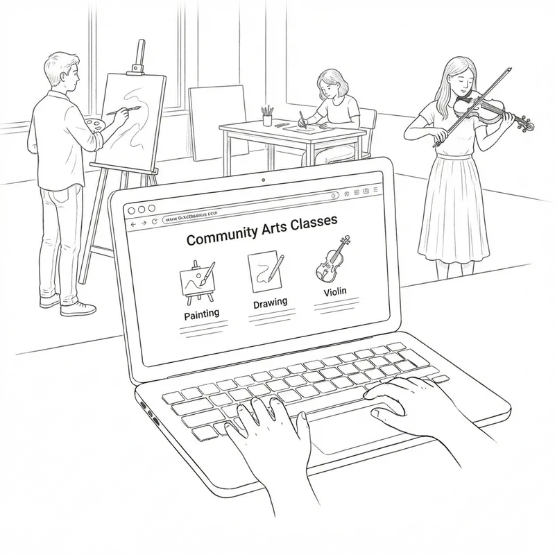 A room full of students playing music and creating art in front of a laptop