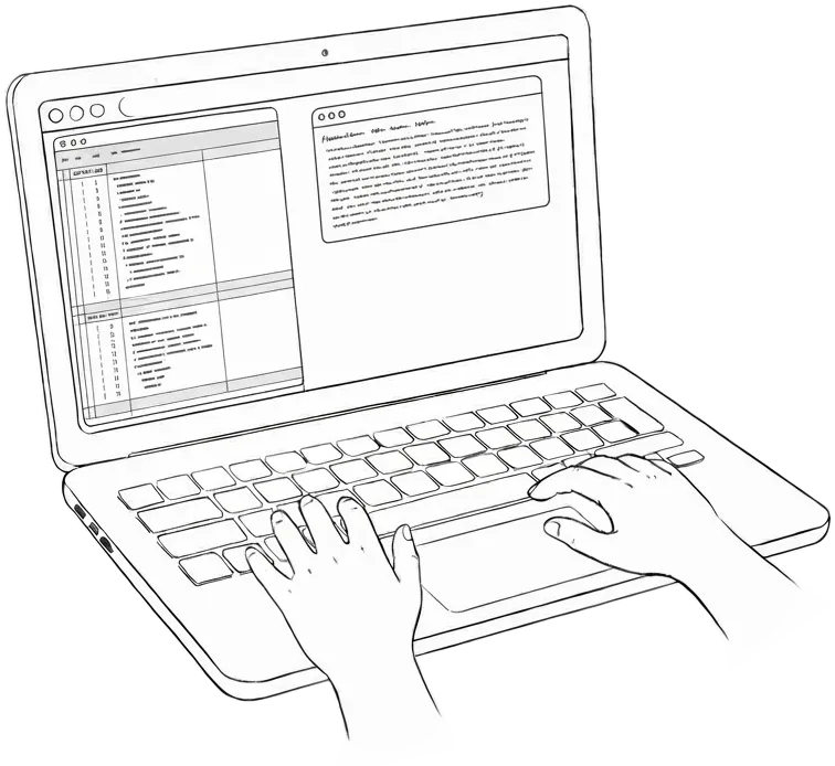 Laptop with hands writing code