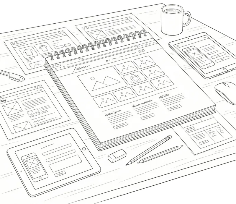 Desk with a variety of mobile devices and papers showing sketches of websites