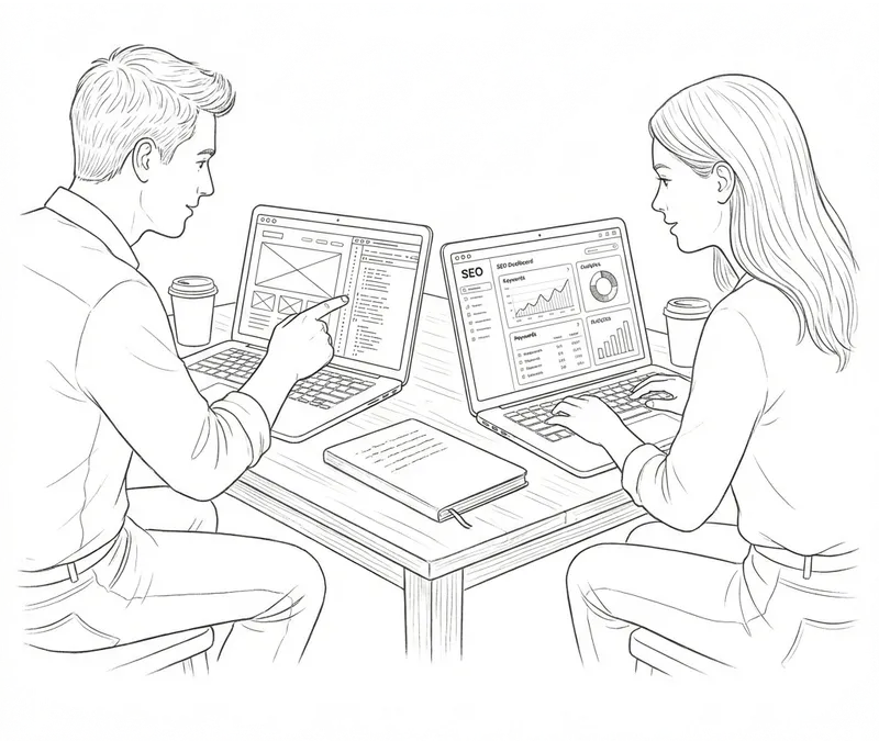 Woman and man working on a website together